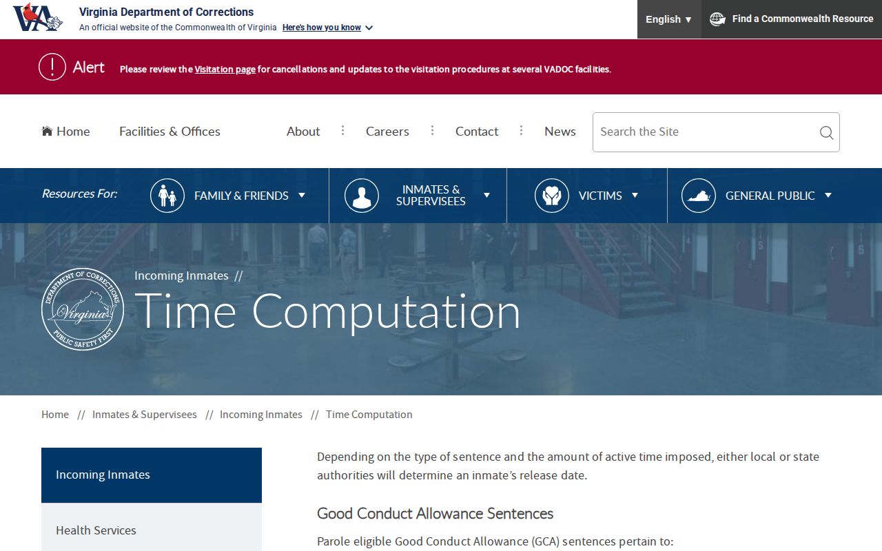 Southampton County projected release date using VADOC time computation