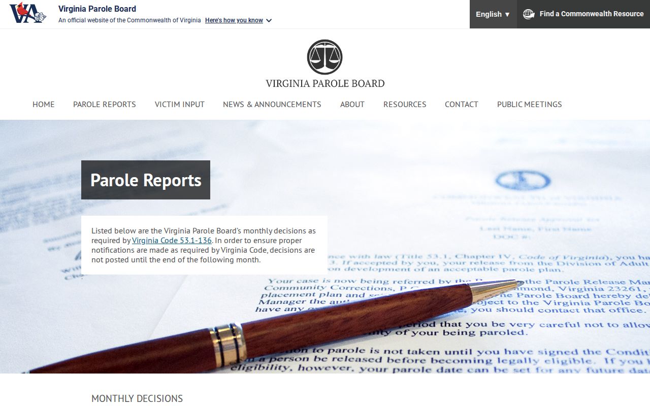 Southampton County parole decision reports from the Virginia Parole Board